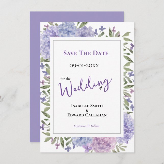 Elegant Lilac & Dusty Blue Hydrangeas Wedding Save The Date (Front/Back)