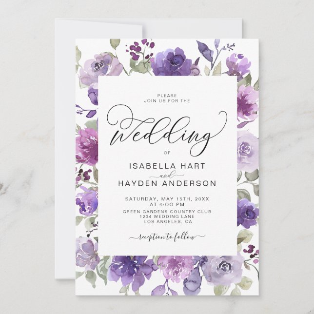 Elegant Lilac Dusty Purple Mauve Floral Wedding In Invitation (Front)