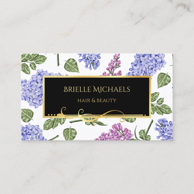Elegant Lilac Floral Gold Filigree Hair and Beauty Business Card (Front)