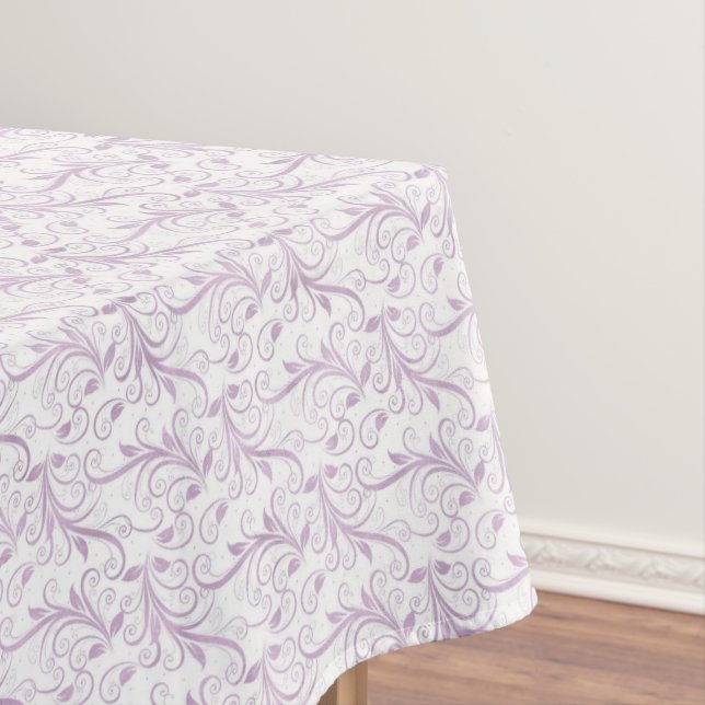 Elegant Lilac Floral Scroll Pattern on White Tablecloth (In Situ)