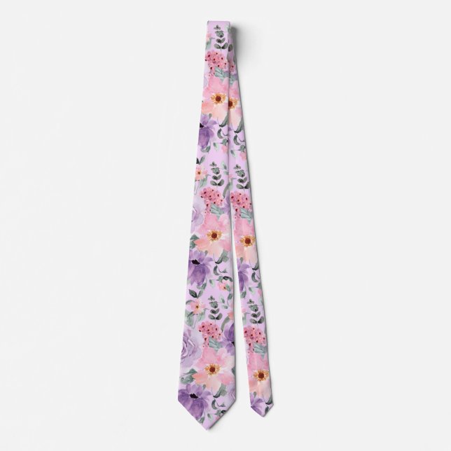 Elegant Lilac Floral Watercolor Wedding Tie (Front)
