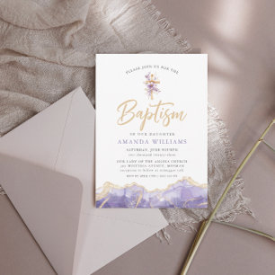 Elegant Lilac Gold Agate with Cross   Baptism  Invitation