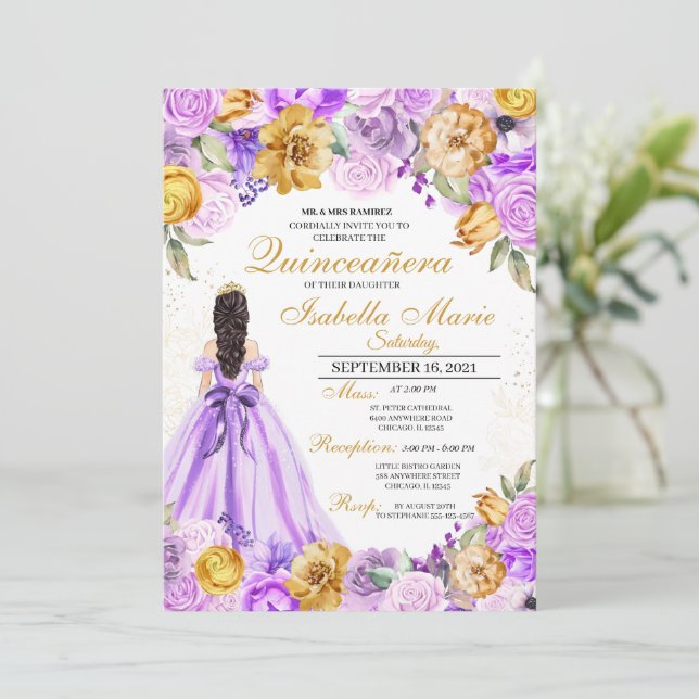 Elegant Lilac & Gold Floral Quinceanera Birthday Invitation (Standing Front)