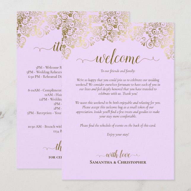 Elegant Lilac & Gold Wedding Welcome & Itinerary Programme (Front/Back)