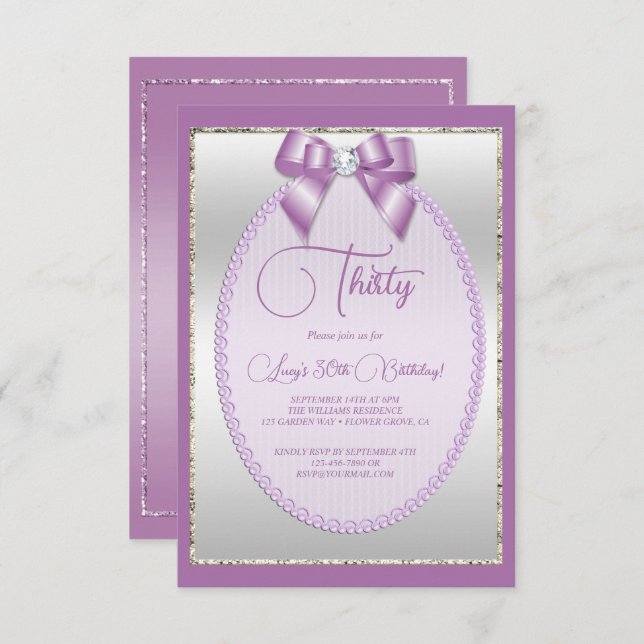 Elegant Lilac Jewel Bow Birthday Invitation (Front/Back)
