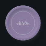 Elegant Lilac Lavender Classic Script Wedding Paper Plate<br><div class="desc">A classic, elegant lilac lavender reception paper plate, featuring script calligraphy. Perfect for the modern bride having a formal affair. Veiw suite here: https://www.zazzle.com/collections/elegant_lilac_lavender_classic_script_wedding-119845502590580190 Contact designer for matching products to complete the suite, OR for colour variations of this design. Thank you sooo much for supporting our small business, we really...</div>