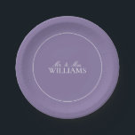Elegant Lilac Lavender Classic Script Wedding Paper Plate<br><div class="desc">A classic, elegant lilac lavender reception paper plate, featuring script calligraphy. Perfect for the modern bride having a formal affair. Veiw suite here: https://www.zazzle.com/collections/elegant_lilac_lavender_classic_script_wedding-119845502590580190 Contact designer for matching products to complete the suite, OR for colour variations of this design. Thank you sooo much for supporting our small business, we really...</div>