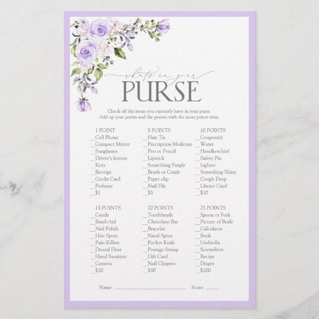 Elegant Lilac Lavender Floral Bridal Shower Game (Front)