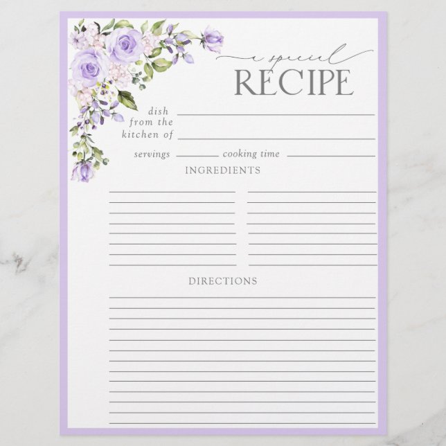 Elegant Lilac Lavender Floral Bridal Shower Recipe (Front)