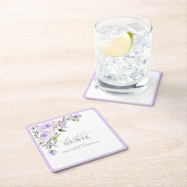 Elegant Lilac Lavender Floral Bridal Shower Square Paper Coaster (Insitu)