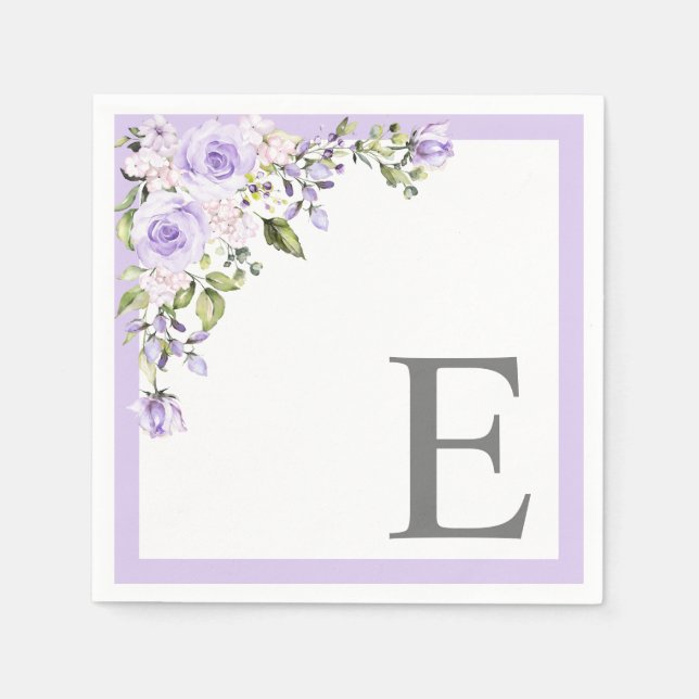 Elegant Lilac Lavender Floral Initial Monogram Napkin (Front)