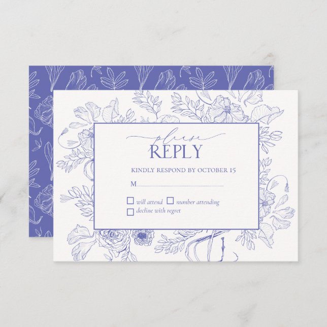 Elegant Lilac Lavender Floral Line Art Wedding RSVP Card (Front/Back)