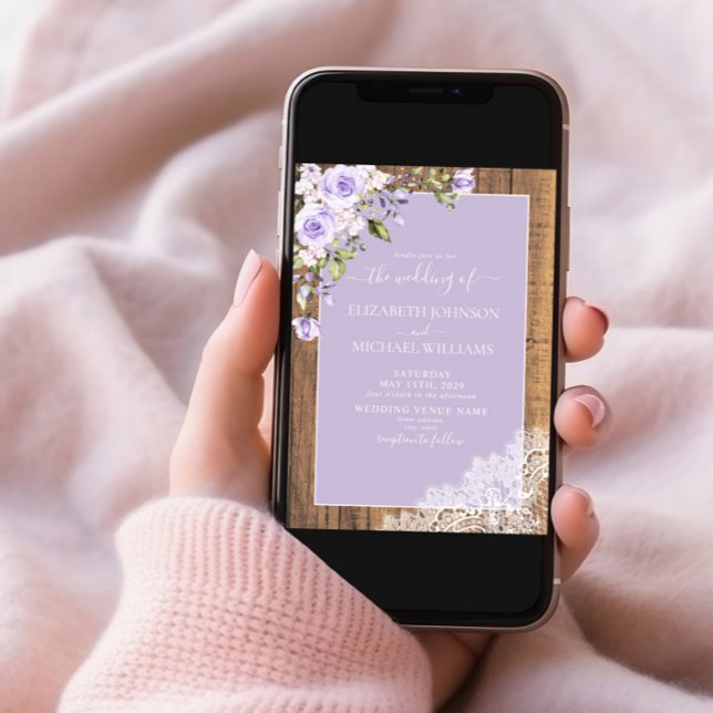 Elegant Lilac Lavender Rustic Lace Photo Wedding Invitation (Creator Uploaded)