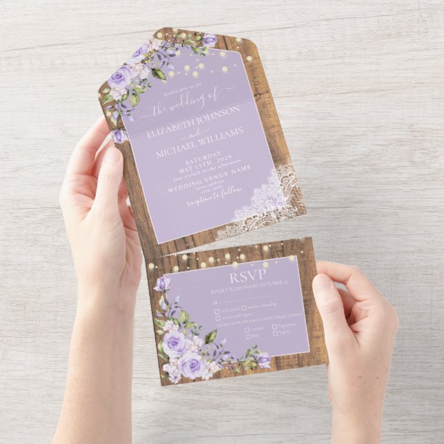 Elegant Lilac Lavender Rustic Wood Lace Wedding All In One Invitation (Tearaway)
