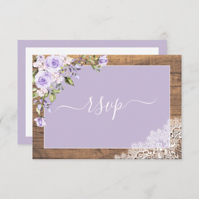Elegant Lilac Lavender Rustic Wood Lace Wedding RSVP Card (Front/Back)