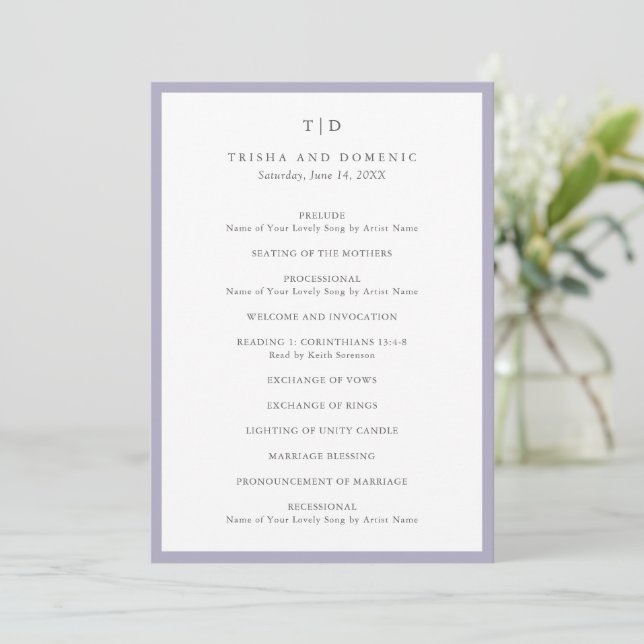 Elegant Lilac Monogram Modern Wedding Programme (Standing Front)