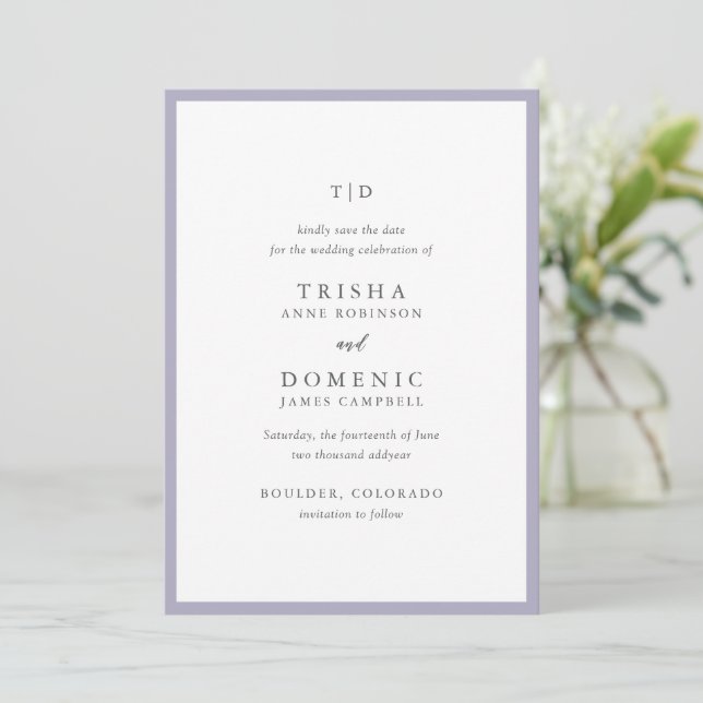 Elegant Lilac Monogram Modern Wedding Save The Date (Standing Front)