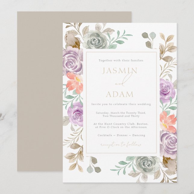 Elegant Lilac Peach Watercolor Rose Wedding Invitation (Front/Back)