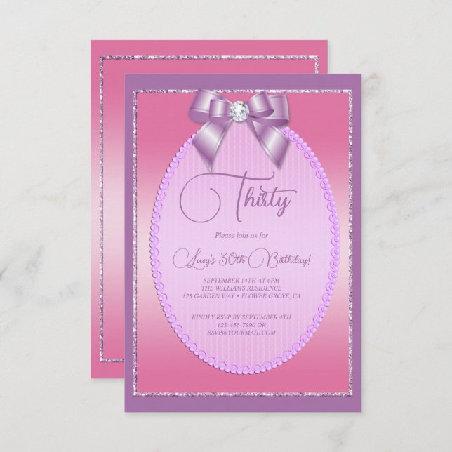 Elegant Lilac & Pink Jewel Bow Birthday Invitation (Front/Back)