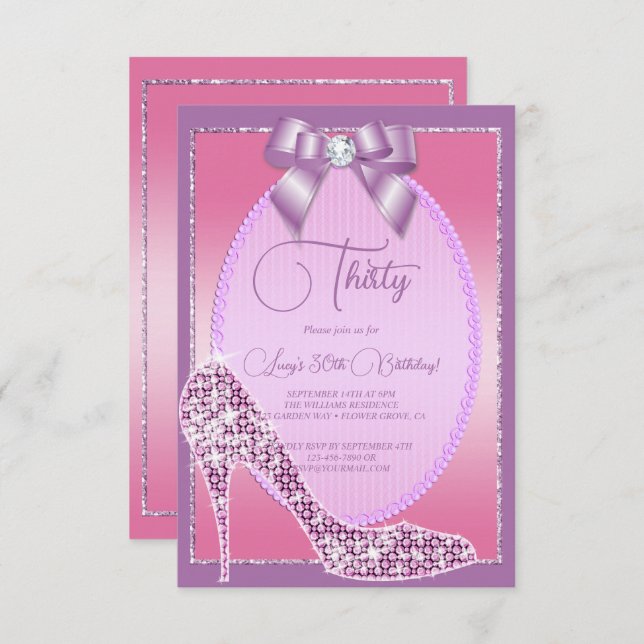 Elegant Lilac & Pink Jewel Bow & Stiletto Birthday Invitation (Front/Back)