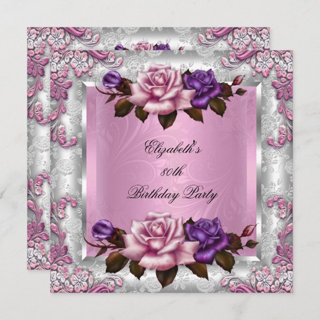 Elegant Lilac Pink Purple Roses Birthday Party Invitation (Front/Back)