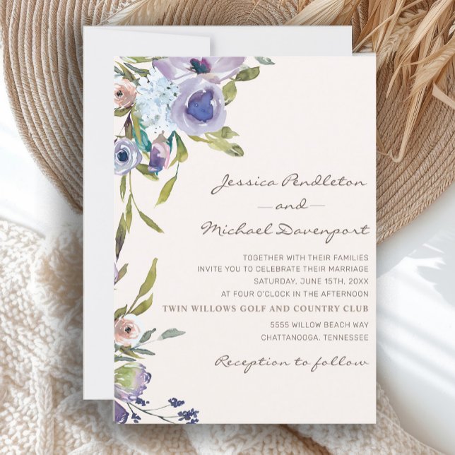 Elegant Lilac Purple Dusty Blue Floral Wedding Invitation (Dusty blue and purple boho-style watercolor floral wedding invitation)