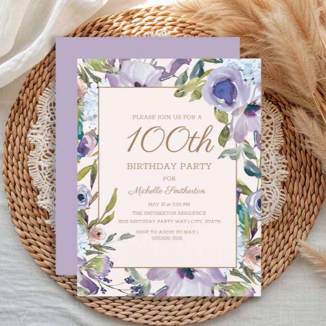 Elegant Lilac Purple Floral 100th Birthday Invitation (Elegant purple watercolor floral women's 100th birthday party invitation)