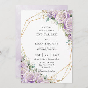 Elegant Lilac Purple Floral Gold Geometric Wedding Invitation
