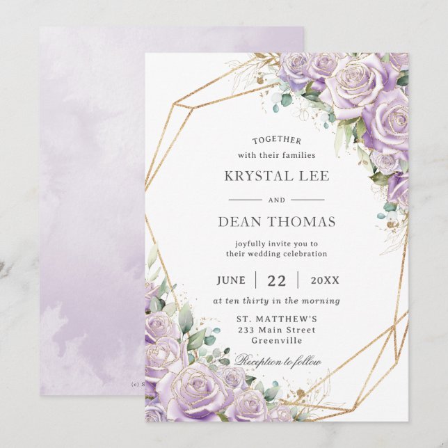Elegant Lilac Purple Floral Gold Geometric Wedding Invitation (Front/Back)