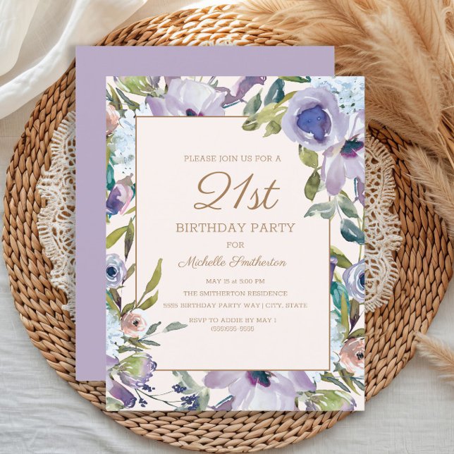 Elegant Lilac Purple Floral Greenery 21st Birthday Invitation (Elegant purple watercolor floral 21st birthday party invitation)