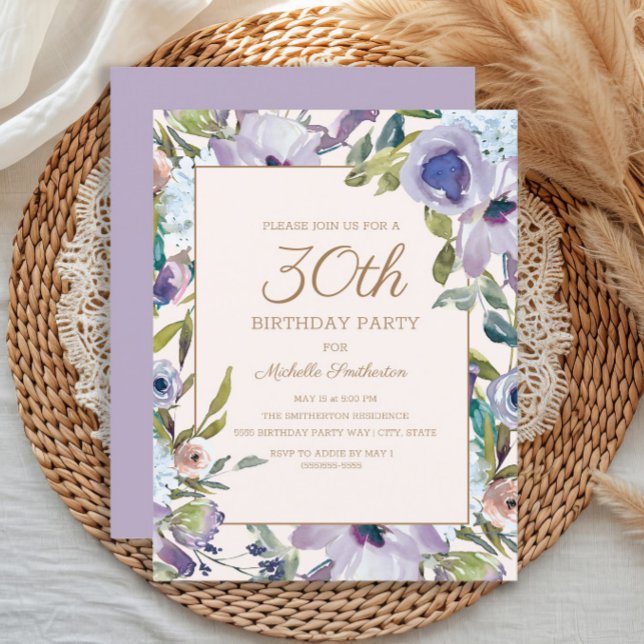 Elegant Lilac Purple Floral Greenery 30th Birthday Invitation (Elegant purple watercolor floral 30th birthday party invitation)