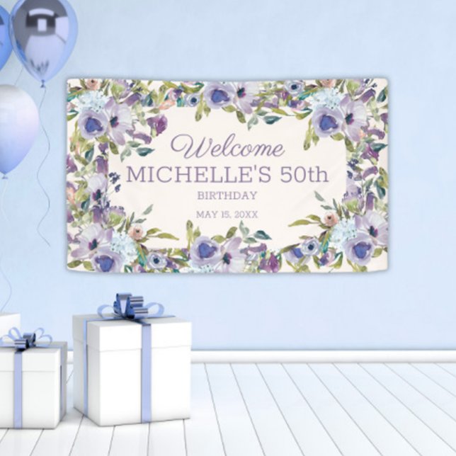 Elegant Lilac Purple Floral Greenery 50th Birthday Banner (Dusty blue and purple watercolor floral 50th birthday party banner)