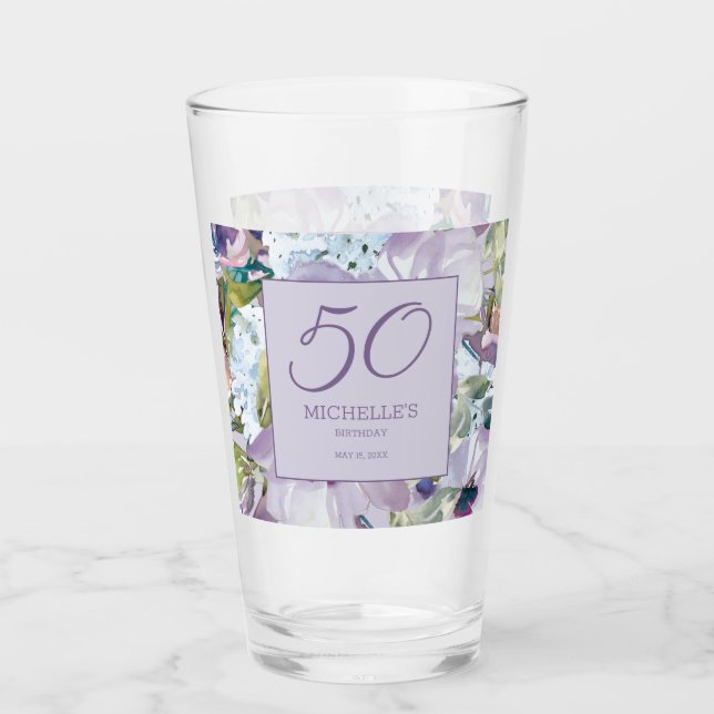 Elegant Lilac Purple Floral Greenery 50th Birthday Glass (Front)