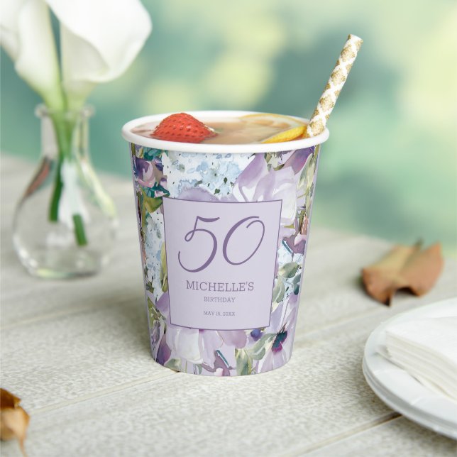 Elegant Lilac Purple Floral Greenery 50th Birthday Paper Cups (Insitu)
