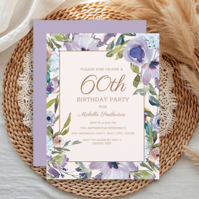 Elegant Lilac Purple Floral Greenery 60th Birthday Invitation (Elegant purple watercolor floral 60th birthday party invitation)