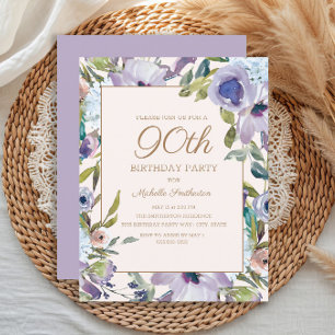 Elegant Lilac Purple Floral Greenery 90th Birthday Invitation
