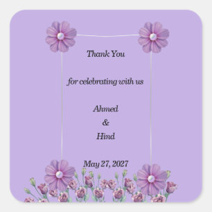 Elegant Lilac Purple Floral Pearl Wedding Favour  Square Sticker