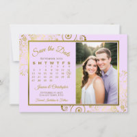 Elegant Lilac Purple & Gold Calendar Photo Wedding