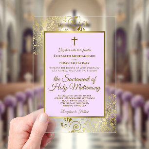 Elegant Lilac Purple & Gold Catholic Wedding Acrylic Invitations