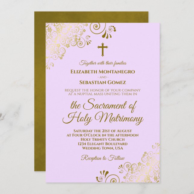 Elegant Lilac Purple Gold Modern Catholic Wedding Invitation (Front/Back)