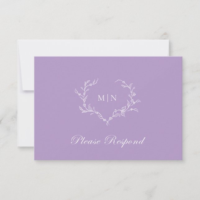 Elegant Lilac Purple Monogram Wreath Wedding RSVP Card (Front)