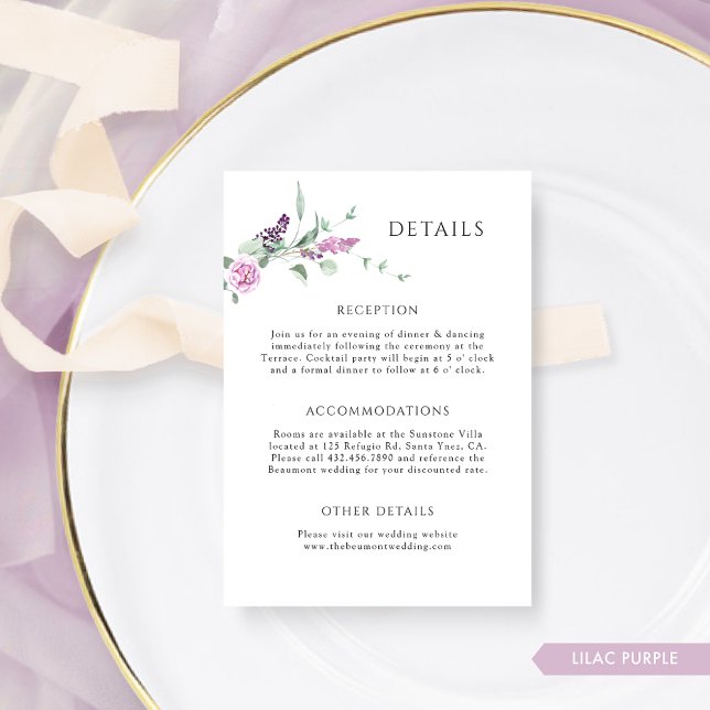 Elegant Lilac Purple Pastel Floral Wedding Details Enclosure Card (Creator Uploaded)