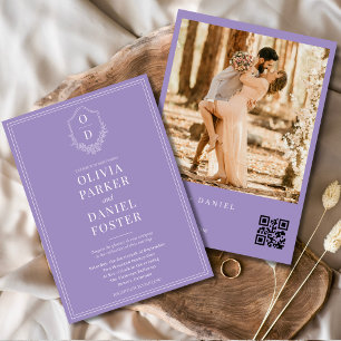 Elegant Lilac Purple Photo QR Code Crest Wedding Invitation
