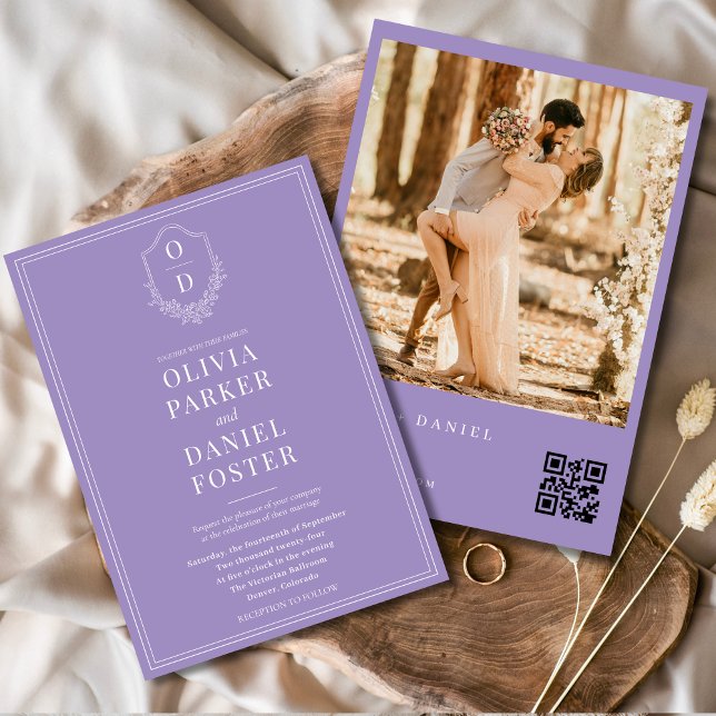 Elegant Lilac Purple Photo QR Code Crest Wedding Invitation (Creator Uploaded)