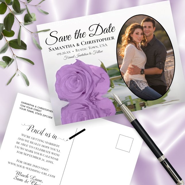 Elegant Lilac Purple Rose Oval Photo Save The Date Announcement Postcard (Creator Uploaded)