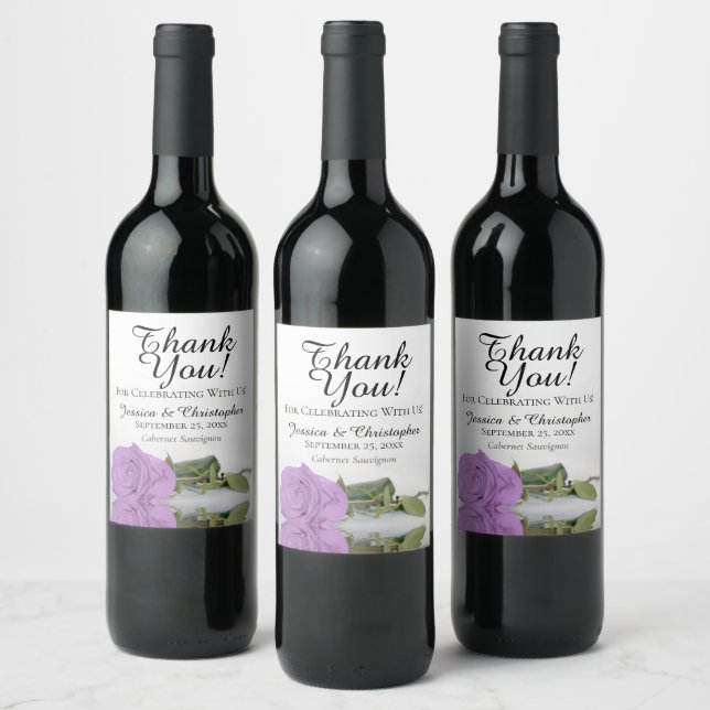 Elegant Lilac Purple Rose Wedding Thank You Wine Label (Bottles)