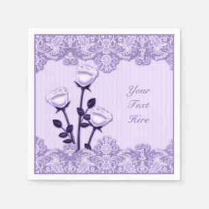 Elegant Lilac Purple Satin Roses and Lace Napkins