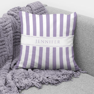 Elegant Lilac Purple & White Stripes Pattern Name Cushion