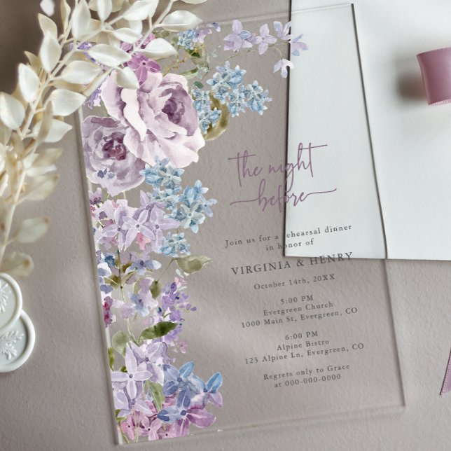 Elegant Lilac Rehearsal Dinner Acrylic Invitations (Elegant Lilac Floral Rehearsal Dinner Acrylic Invitations by Painted Paperie
)