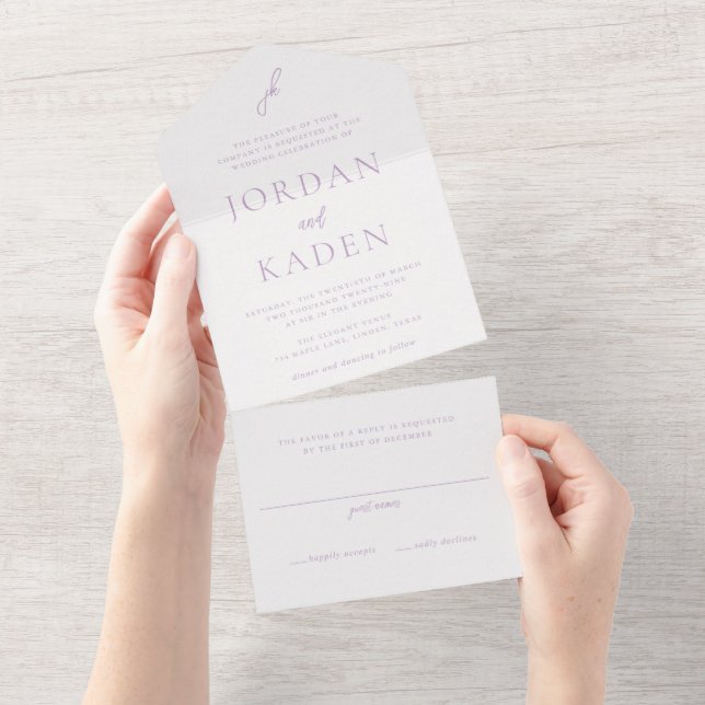 Elegant Lilac Script Monogram Wedding All In One Invitation (Tearaway)
